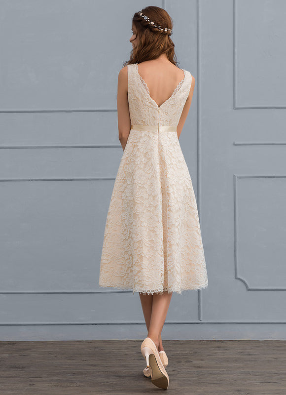 Robe Pastel Écru Dentelle Col V Trapèze - gallery 4