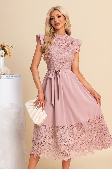 Robe Pastel Rose Dentelle Col Montant - gallery 1