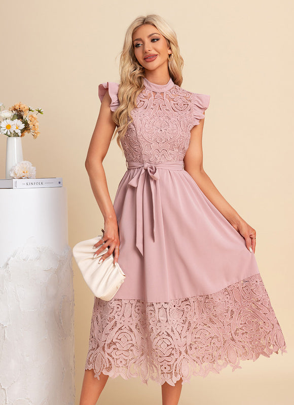 Robe Pastel Rose Dentelle Col Montant - gallery 1