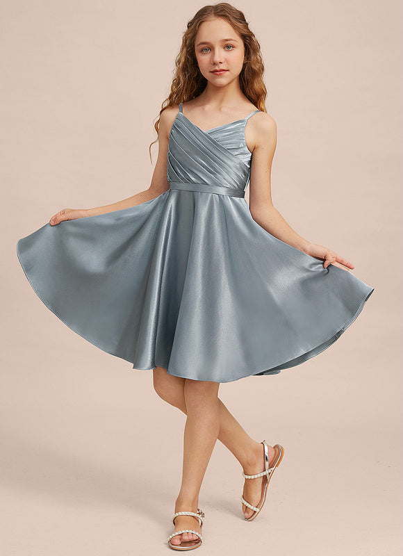 Robe Pastel Bleu Satin Trapèze Junior - gallery 6