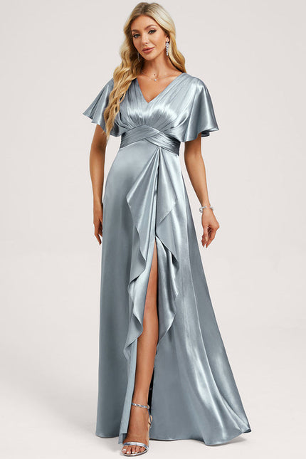 Robe Pastel Verte Satin Longueur Ras Du Sol - gallery 2