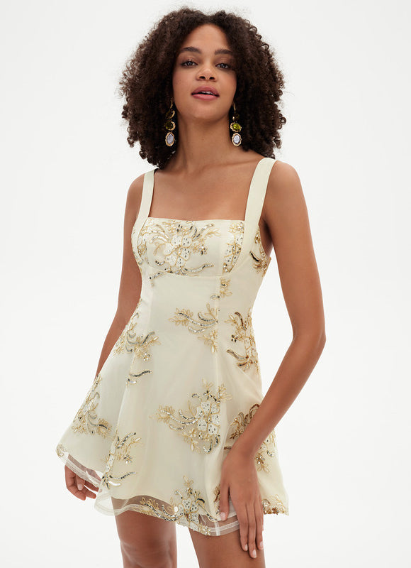 Robe Pastel Crème Dentelle Mini Paillettes