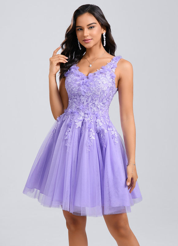 Robe Pastel Lavande Col V Dentelle Tulle - gallery 1