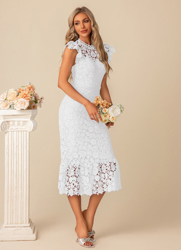 Robe Pastel Bleu Dentelle Col Montant - gallery 7