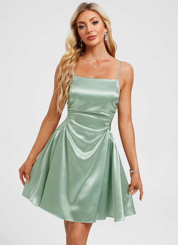 Robe Pastel Satin Vert Menthe Plissée - gallery 1