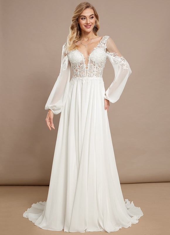 Robe Pastel Blanche Col V Traîne Dentelle