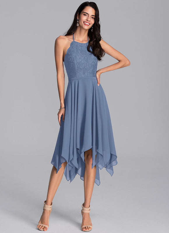 Robe Pastel Bleu Trapèze Asymétrique Dentelle - gallery 5