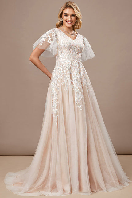 Robe Pastel Rose Traîne Tulle Dentelle - gallery 2