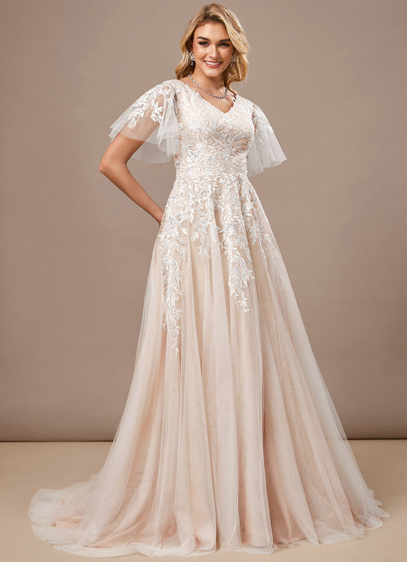 Robe Pastel Rose Traîne Tulle Dentelle - gallery 2