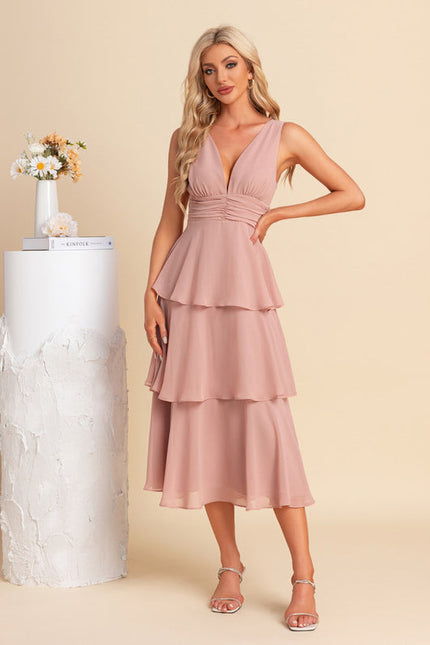 Robe Pastel Rose Col V Trapèze Midi - gallery 1
