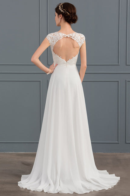 Robe Pastel Blanche Col V Traîne Dentelle - gallery 3