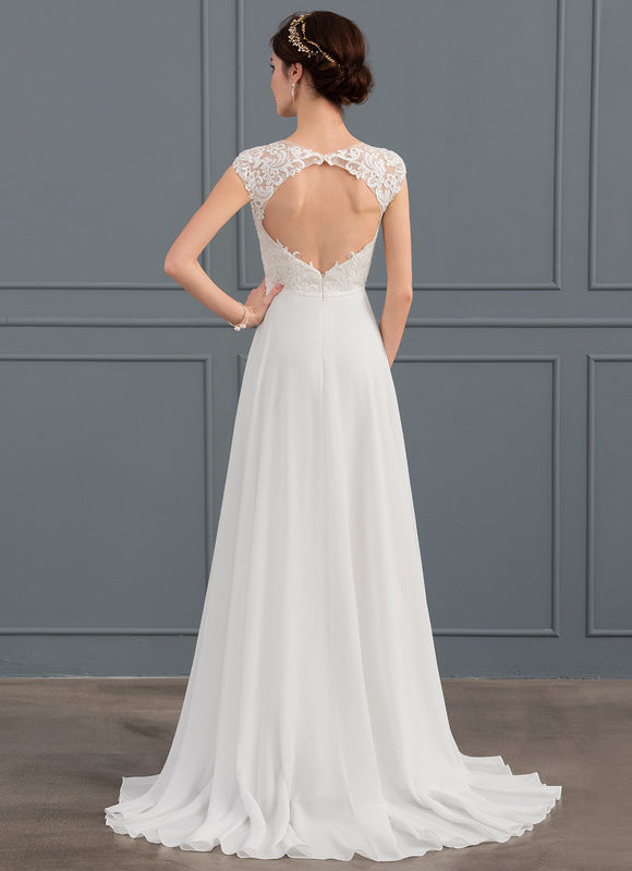 Robe Pastel Blanche Col V Traîne Dentelle - gallery 3