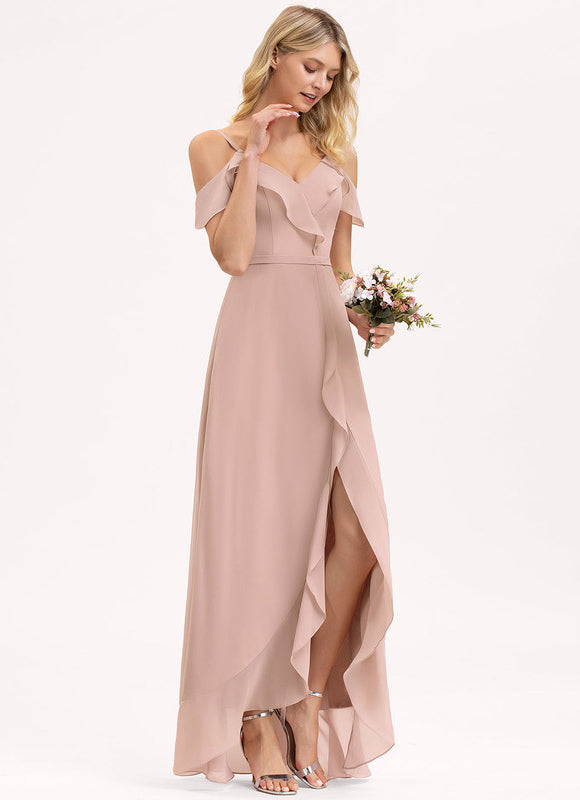 Robe Pastel Bleu Asymétrique Col V Volants - gallery 2
