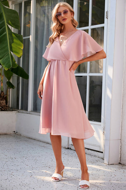 Robe Pastel Rose Col V Trapèze Midi - gallery 3