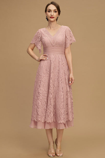 Robe Pastel Rose Col V Longueur Mollet - gallery 4