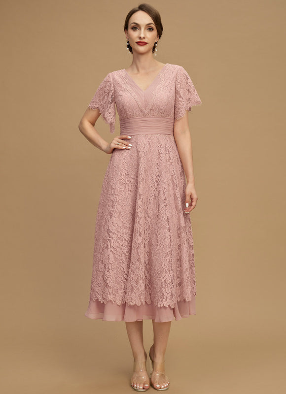 Robe Pastel Rose Col V Longueur Mollet - gallery 4