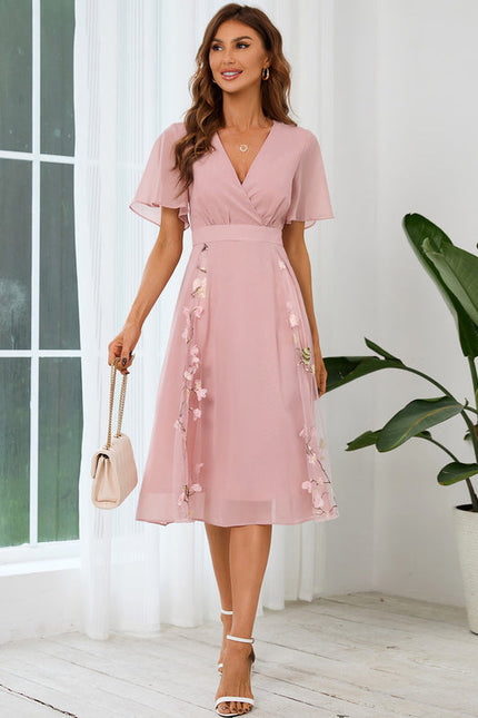 Robe Pastel Rose Col V Mousseline Élégante - gallery 6
