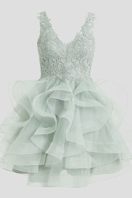 Robe Pastel Verte Col V Tulle Dentelle - gallery 8