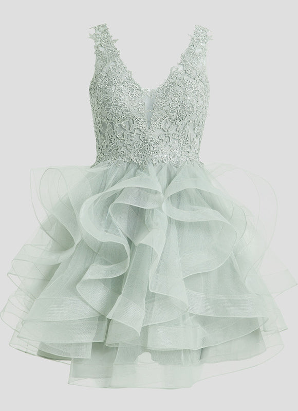 Robe Pastel Verte Col V Tulle Dentelle - gallery 8