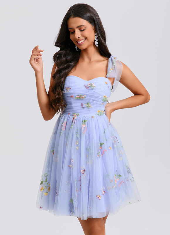 Robe Pastel Bleue Col Cœur Fleurie - gallery 1