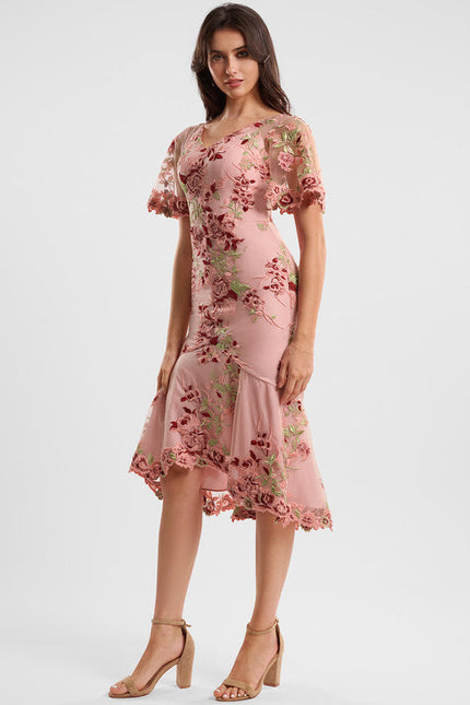 Robe Pastel Rose Col V Dentelle Florale - gallery 1
