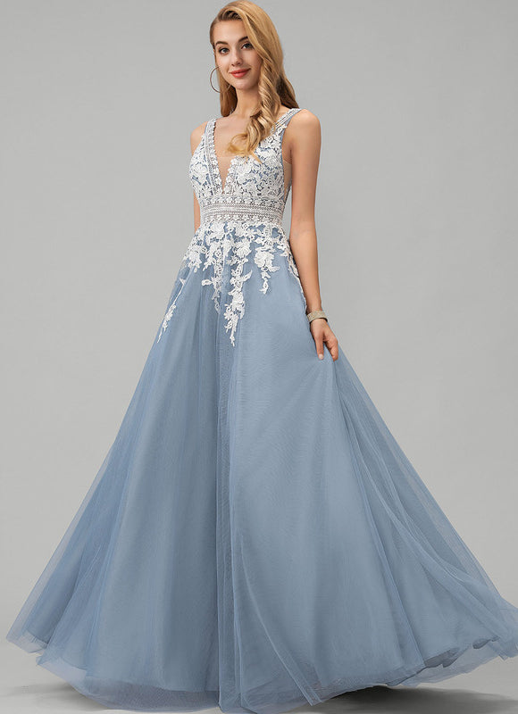 Robe Pastel Bleu Col V Tulle Longue - gallery 1