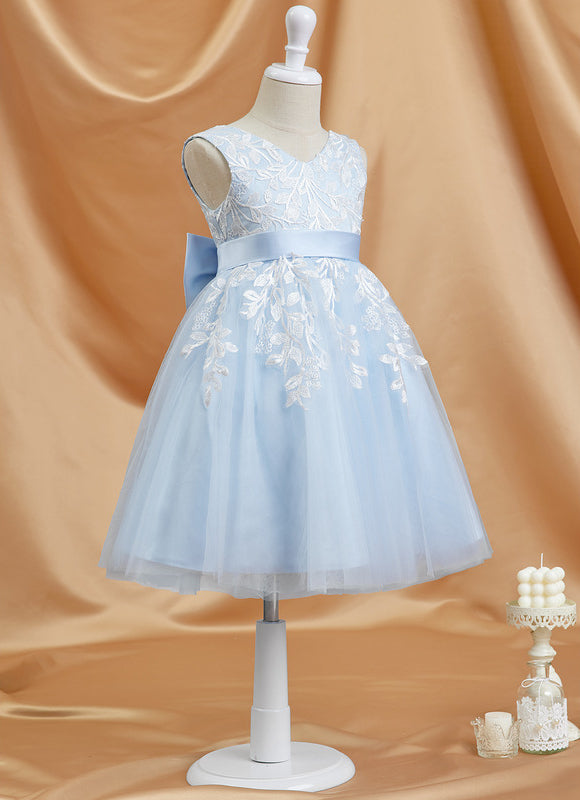 Robe Pastel Bleu Longueur Genou Dentelle - gallery 5