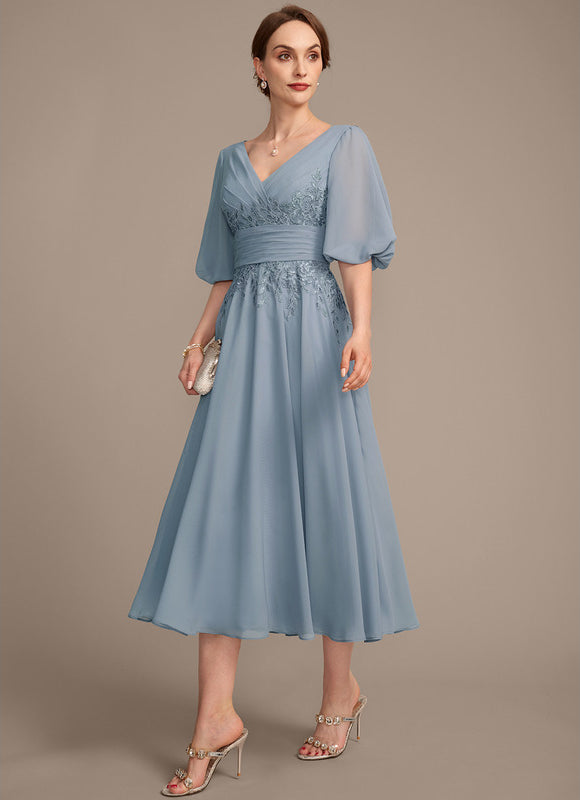 Robe Pastel Bleu Col V Longueur Mollet - gallery 3