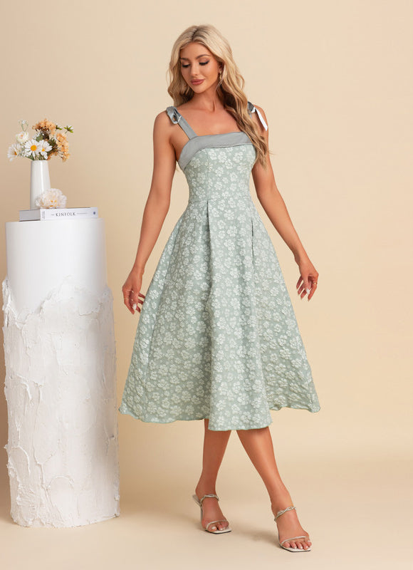 Robe Pastel Verte Trapèze Midi Jacquard - gallery 3