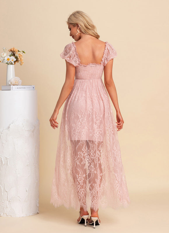 Robe Pastel Rose Dentelle Maxi Élégante - gallery 1