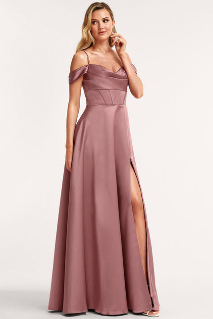 Robe Pastel Rose Décolleté Épaules Satin - gallery 1