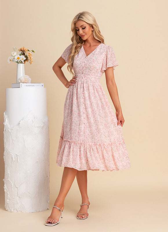 Robe Pastel Fleurie Rose Midi Volants - gallery 2