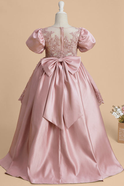 Robe Pastel Rose Satin Dentelle Fille Mariage - gallery 5