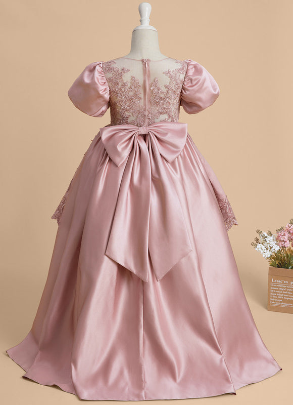 Robe Pastel Rose Satin Dentelle Fille Mariage - gallery 5