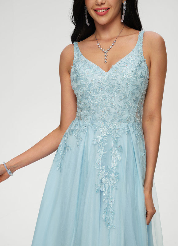 Robe Pastel Bleu Col V Tulle Paillettes - gallery 4