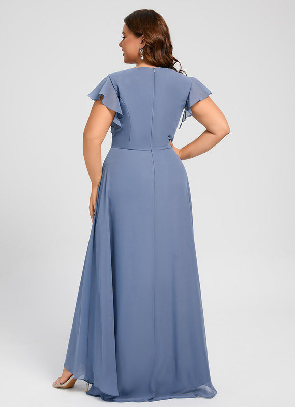 Robe Pastel Bleu Asymétrique Col V Volants - gallery 7