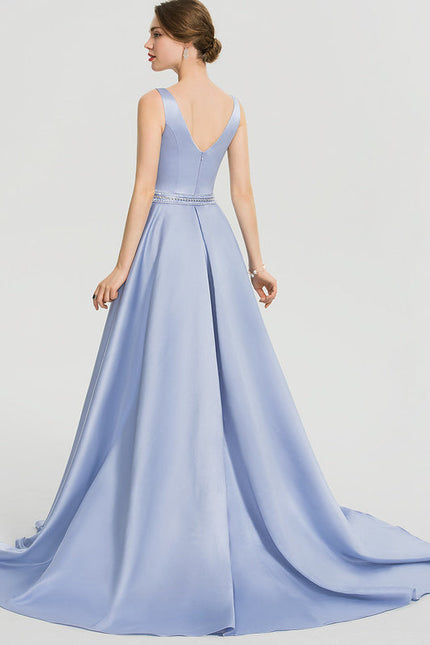 Robe Pastel Bleu Col V Traîne Dentelle - gallery 5