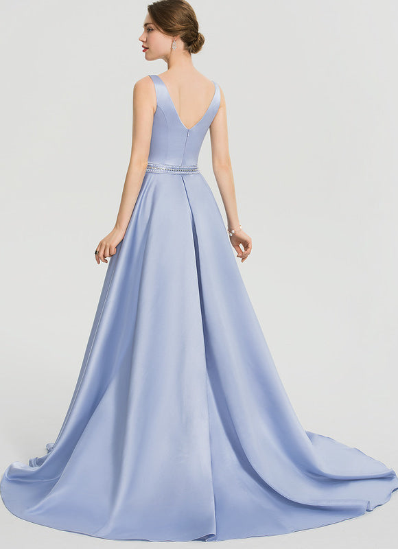 Robe Pastel Bleu Col V Traîne Dentelle - gallery 5