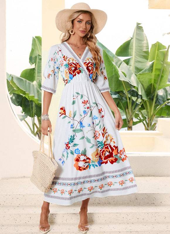 Robe Pastel Blanche Imprimée Fleurs Midi