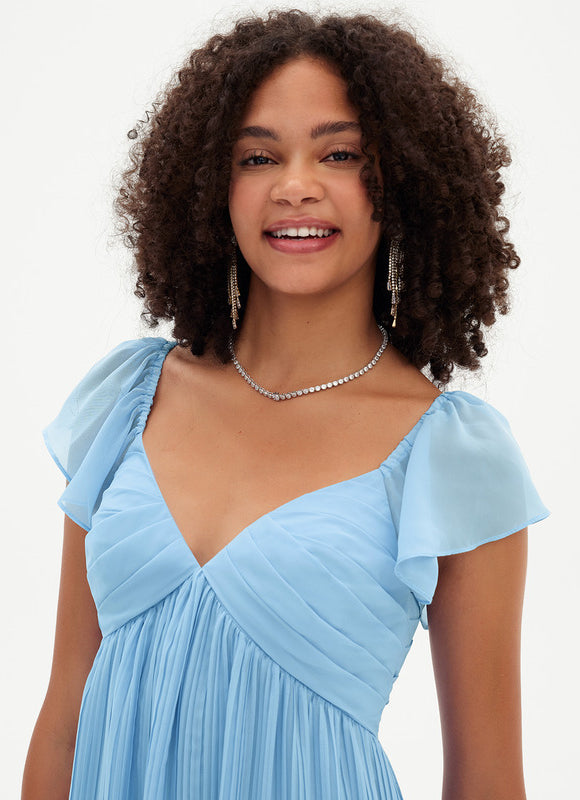 Robe Pastel Bleu Col V Plissé Élégante - gallery 5