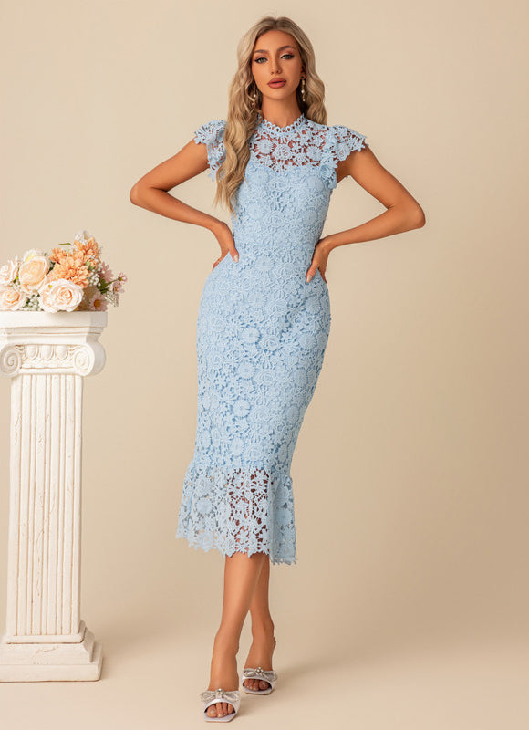 Robe Pastel Bleu Dentelle Col Montant - gallery 1
