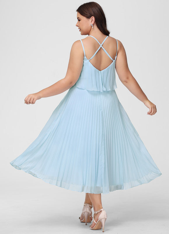 Robe Pastel Bleu Col V Plissée Mollet - gallery 8
