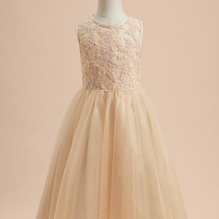 Robe Pastel Beige Dentelle Élégante Fille Mariage