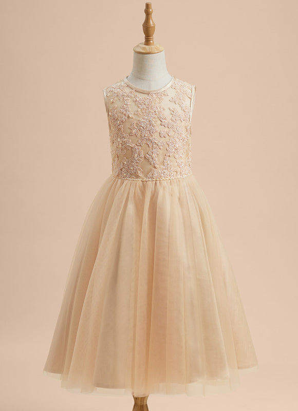 Robe Pastel Beige Dentelle Élégante Fille Mariage
