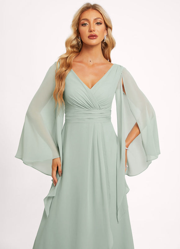 Robe Pastel Bleu Asymétrique Col V Volants - gallery 5