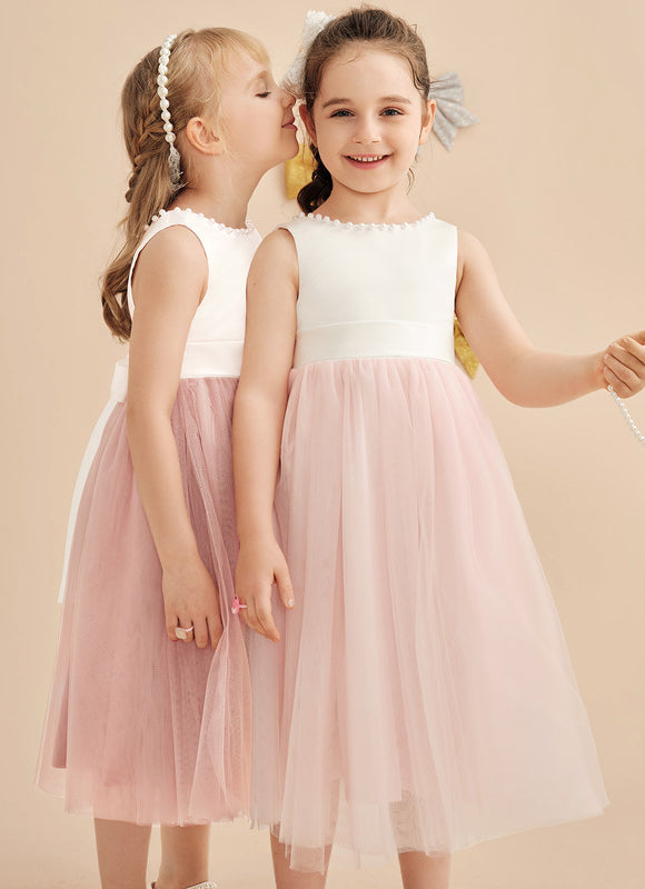 Robe Pastel Rose Satin Tulle Mariage Fille - gallery 8
