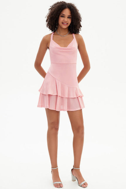 Robe Pastel Rose Trapèze À Volants - gallery 4