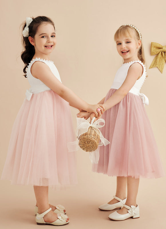 Robe Pastel Rose Satin Tulle Mariage Fille - gallery 9