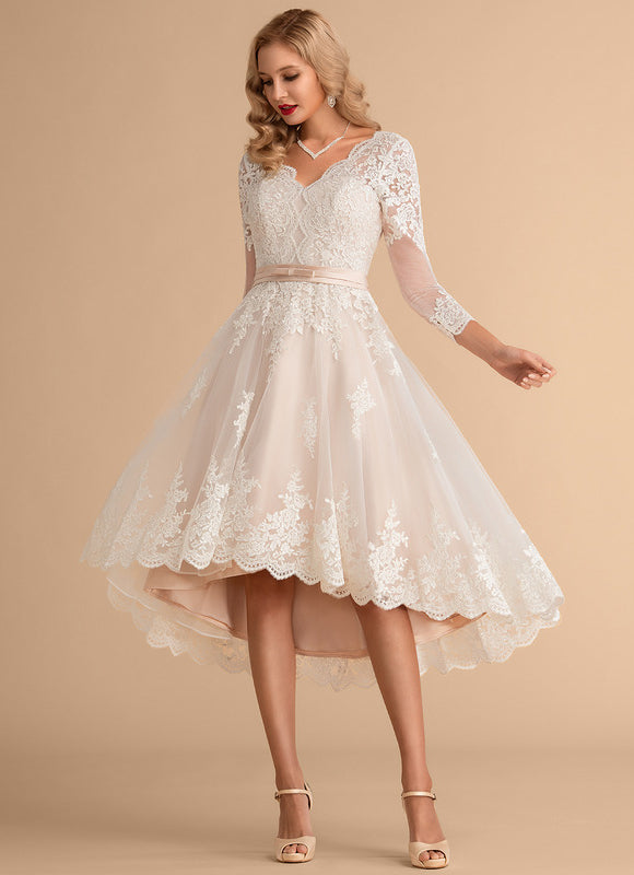 Robe Pastel Mariage Rose Poudré Dentelle - gallery 3
