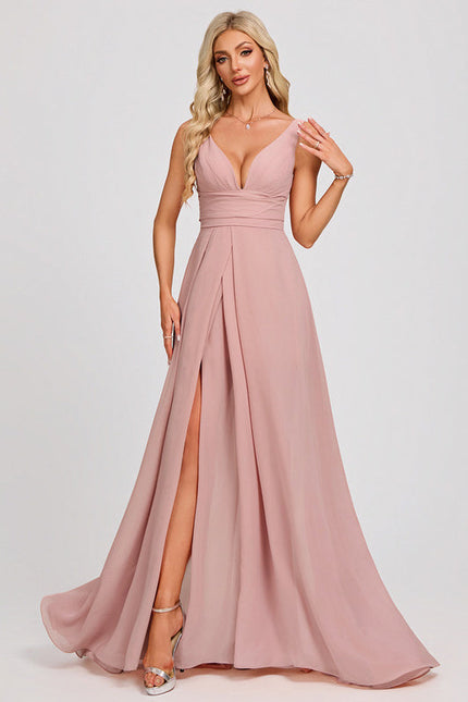 Robe Pastel Rose Col V Traîne Plis - gallery 3